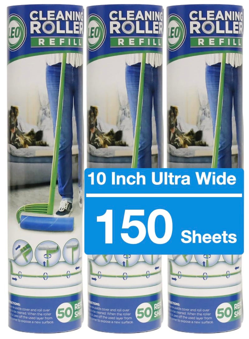 Leo 10Inch Wide Lint Roller Refills 3 Rolls with 50 Sheets Each 150 Sheets Total Extra Sticky Pet Hair Remover for Carpet Furniture